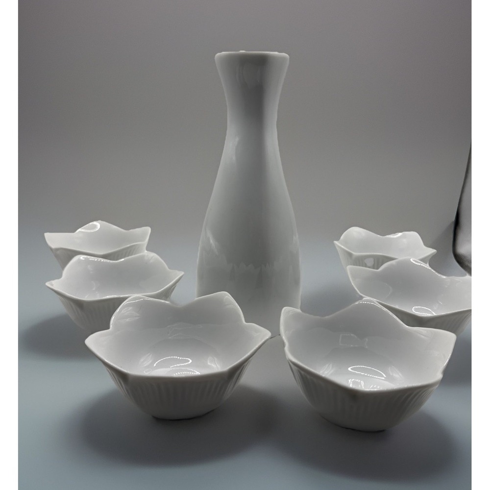 Pier 1 Imports LOTUS White Porcelain Tulip Flower Condiment Bowls Set & Carafe